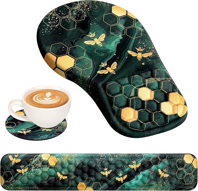 EYROZILL 3 in 1 Ergonomic Mousepad and Keyboard Wrist Rest Mouse Pad with Wrist Support Massage Design Keyboard Wrist Rest and Mouse Pad Set for Home Office (Green Bee)