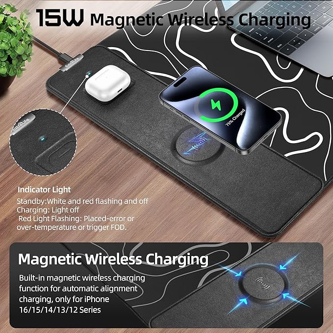 Mouse Pad with Wireless Charging Gaming Mouse Pad with Ultra-Smooth Surface Large XXL Desk Mat Non-Slip Mouse Mat Waterproof Computer Keyboard Pad for Gaming Desk Office PC 800x400x4MM Black