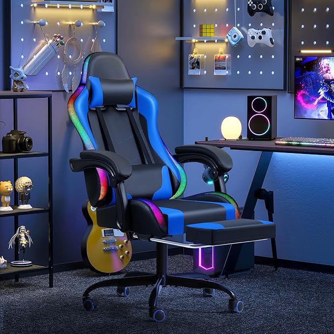 Furmax Gaming Chair with RGB LED Lights Video Game Chair with Footrest and Massage Lumbar Support High Back Reclining Computer Chair with Headrest Swivel Seat Gamer Chair (LED Blue)