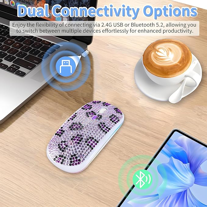 Rechargeable Bluetooth Wireless Mouse with Bling Crystal Rhinestones &amp 7-Color LED Lights - Silent Dual Mode Wireless Mouse for Laptops PCs and Macs - Perfect for Office Travel &amp Home Use (