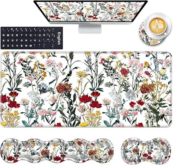 Keyboard Wrist Rest and Mouse Pad with Wrist Support Set Ergonomic CoasterMemory FoamEasy Typing Pain ReliefLarge XL Desk Mat 31.5x 11.8Beautiful Floral