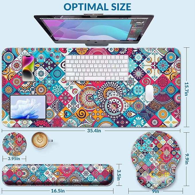 Desk Pad Keyboard Wrist Rest and Mouse Pad Coaster SetLarge XXL Desk Mat Matt Cover Ergonomic Mousepad with Memory Foam for Women Desktop Computer &amp Office -Mexican Style