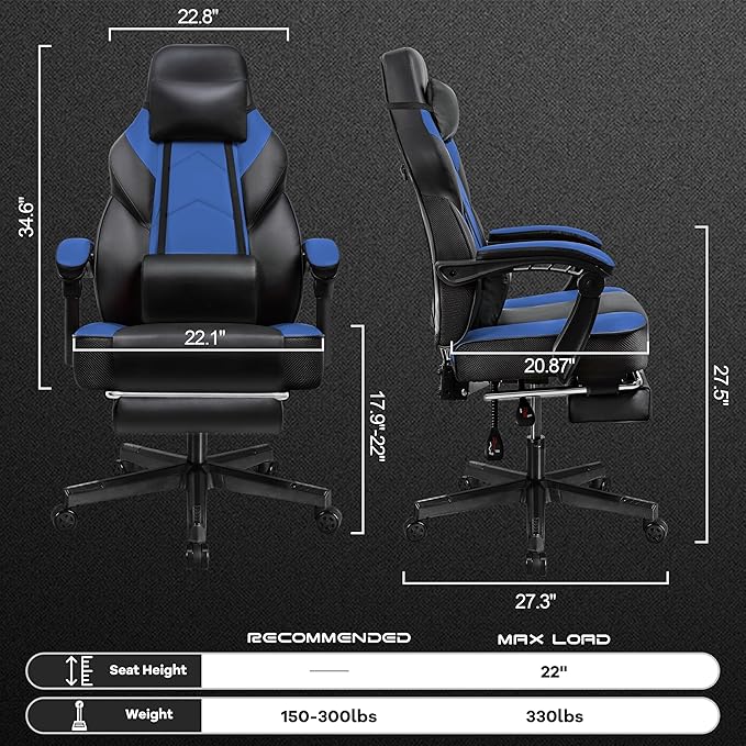 Video Game Chair for Adults Gaming Chair with Footrest Big and Tall Computer Chair with Massage Lumbar Support 330lbs Weight Capacity Adjustable Height 360° Swivel Seat and Headrest (Blue)