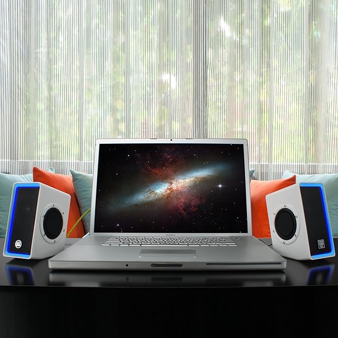 GOgroove Gaming Computer Speakers with Blue LED Light - SonaVERSE O2i Speakers for Desktop Laptop PC - USB Speaker 2.0 with AUX Input in-Line Volume Control Bass Stereo Sound 14W (White)