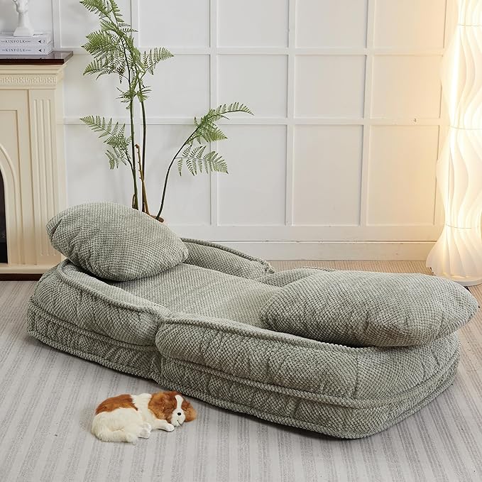 Floor Chair with Back Support Folding Sofa Chair with 5 Adjustable Position Plush Floor Gaming Chair Meditation Chair for Lazy Boys Human Dog Bed for Living Room Bedroom Lounge Green