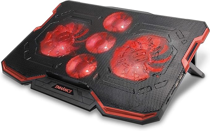 Enhance Cryogen Gaming Laptop Cooling Pad - Fits 17 in. Computer PS4 - Adjustable Laptop Cooling Stand with 5 Quiet Cooler Fans 2 USB Ports and LED Lighting - Slim Portable Design 2500 RPM (Red)
