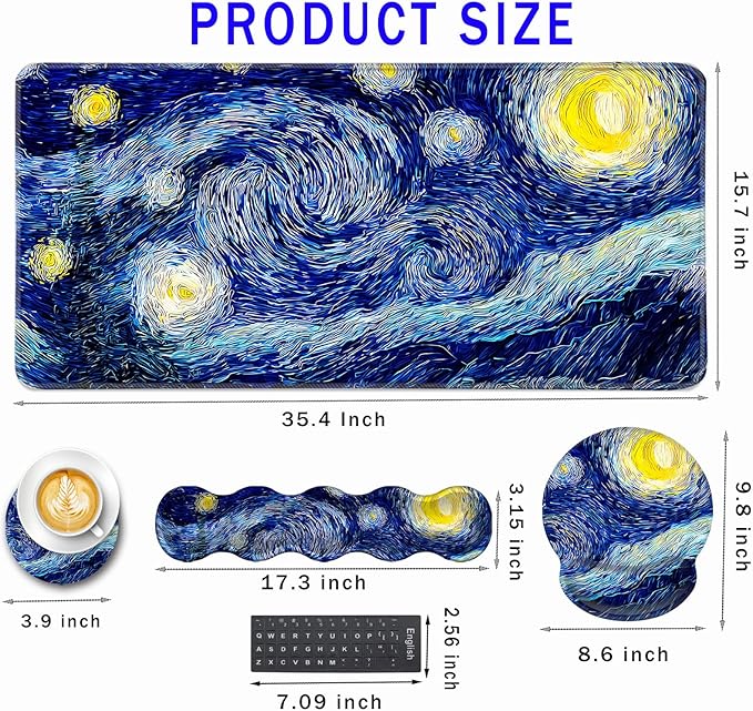 Mouse PadLarge Pink Desk Mat 4in1 XXL Mousepad + Keyboard Wrist Rest+Mouse Wrist Rest+Coaster Set with Ergonomic Desk Pad for Home Office Table Computer-Abstract Night Sky