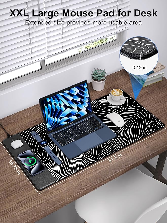 TopMade Mouse Pad with 15W Fast Wireless Charging 31.5x15.75 XXL Large Gaming Waterproof Desk Pad with Ultra-Smooth Surface Non-Slip Base Computer Desk Mat Black Topographic Map #1