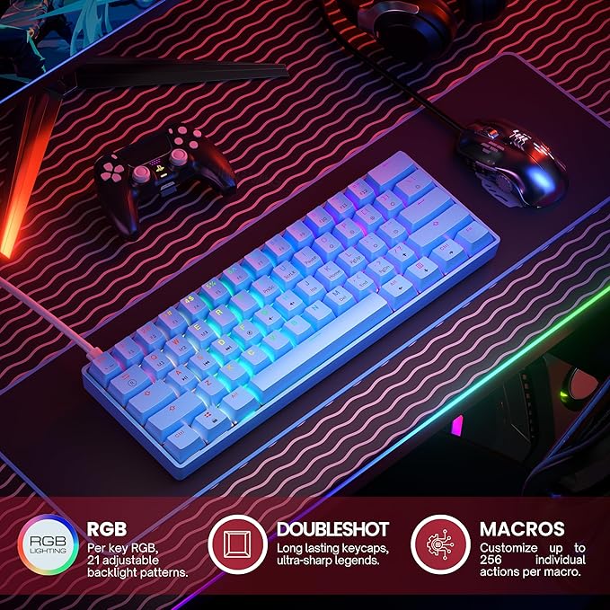 HK GAMING GK61 60% v3 | Hotswap Mechanical Gaming Keyboard | 61 Keys Multi Color RGB LED Backlit for PC/Mac Gamer | US Layout (Blue Cherry Mx Speed Silver)