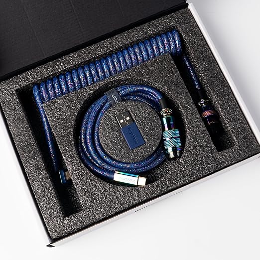 Keychron Premium Coiled USB-C Angled Aviator Cable – Rainbow Plated Blue 5-Pin GX16 Detachable Metal Connector USB-A Adapter Double-Sleeved Design for Mechanical Keyboards Charging and Data Sync