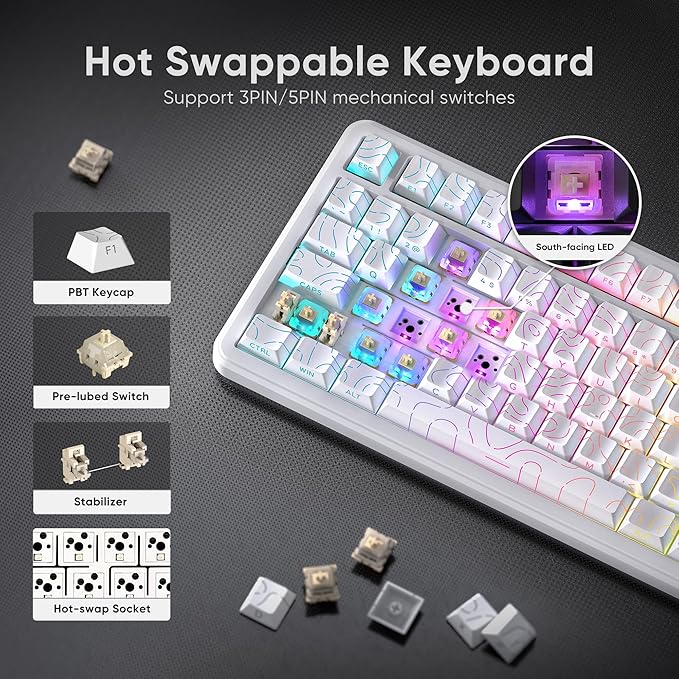 RedThunder K75 Wireless Mechanical Keyboard CNC Knob Tri-Mode BT5.0/2.4GHz/USB-C Hot Swappable Custom Pre-lubed Linear Coconut Switches Gasket Structure RGB Gaming Keyboard White Contour Lines