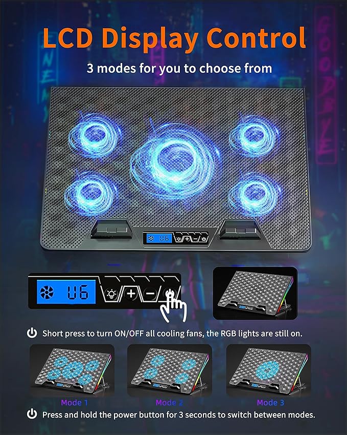 AICHESON Gaming Laptop Cooling Pad RGB Lights Computer Cooler Stand 5 Quiet Fans for 15.6-18 Inch Laptops PC Notebook Heat Dissipation AA2