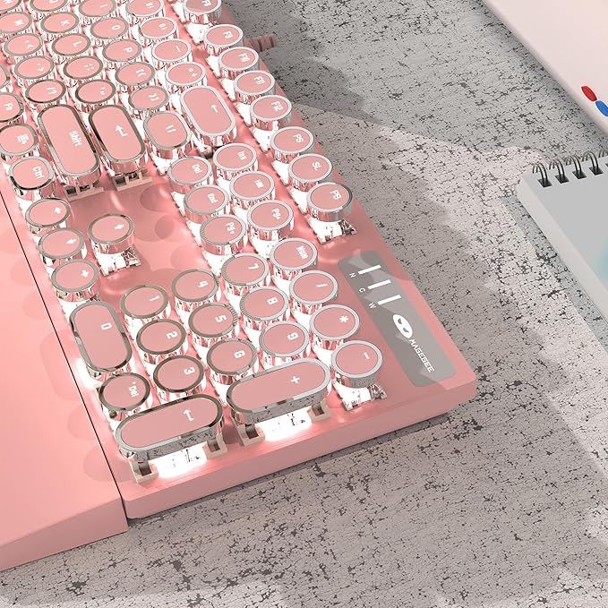 MageGee Typewriter Mechanical Gaming Keyboard Retro Punk Pink Round Keycaps 104 Keys LED White Backlit Wired Keyboards for Laptop MAC PC Gamer with Magnetic Wrist Rest Blue Switch