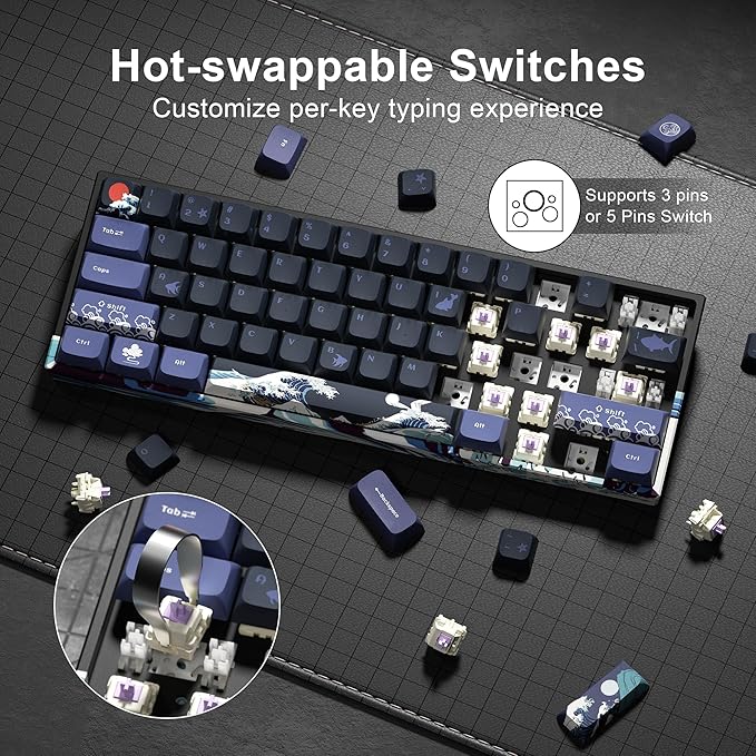 XVX 60% Gaming Keyboard RGB 3-Modes Wireless Mechanical Keyboard Mini 60 Percent Gamer Keyboard with Hot-Swappable Pre-lubed Linear Switch for Windows &amp Mac (Great Wave Off Kanagawa) M61 Pro