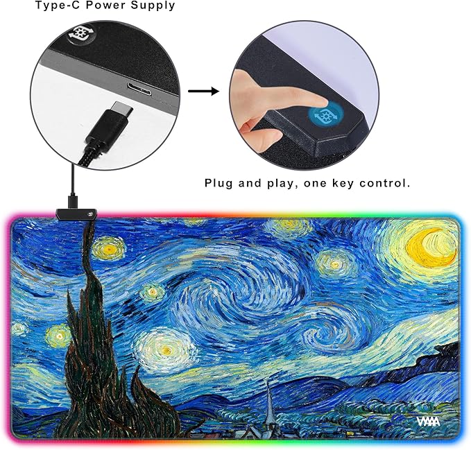 Vyaaa RGB Gaming Mouse Mat 39.3“ x 19.7” XXL Mouse Mat Van Gogh Starry Night LED Mouse Pad Non-Slip Rubber Base Keyboard Mouse Pad Suitable for Home Gaming Office