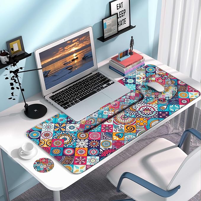 Desk Pad Keyboard Wrist Rest and Mouse Pad Coaster SetLarge XXL Desk Mat Matt Cover Ergonomic Mousepad with Memory Foam for Women Desktop Computer &amp Office -Mexican Style