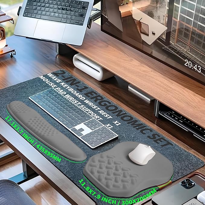 2-in-1 Ergonomic Set Wave Keyboard Wrist Rest and Massage Slope Mouse Pad Wrist Support Rebound Memory Foam for Relieve Carpal Tunnel Syndrome and Wrist Pain (Dark Grey)