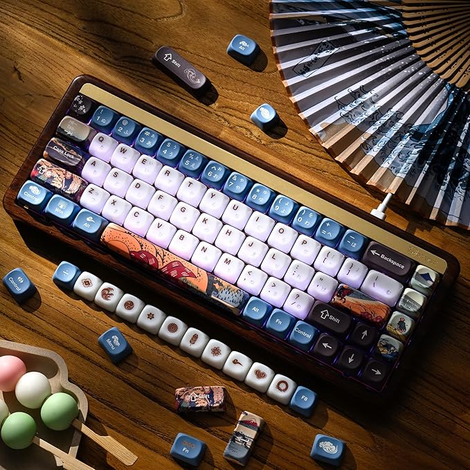 OHY XVX MOA Profile Keycaps Set Japanese Mount FujiTheme 132 - Key White &amp Blue Custom Keycaps with PBT + Frosted Translucent PC Material for ANSI Layout Mechanical Keyboards- - Musashi Senju