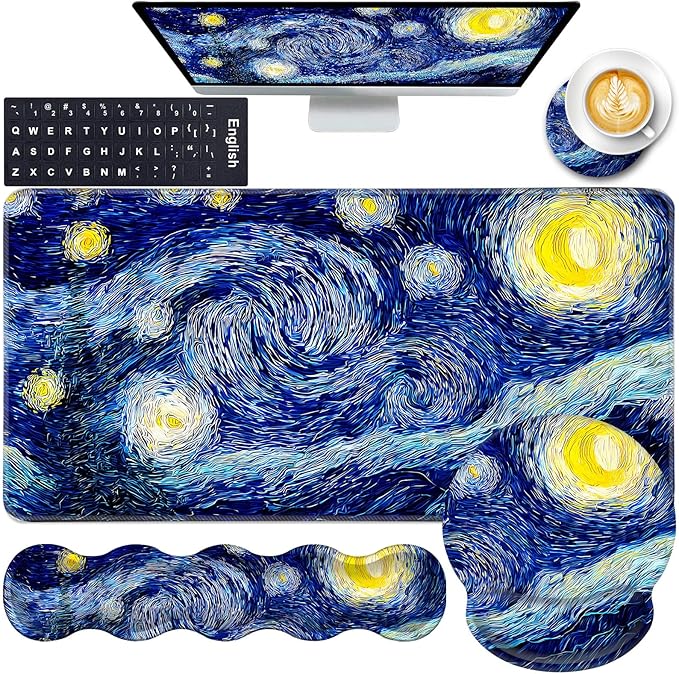 Mouse PadLarge Pink Desk Mat 4in1 XXL Mousepad + Keyboard Wrist Rest+Mouse Wrist Rest+Coaster Set with Ergonomic Desk Pad for Home Office Table Computer-Abstract Night Sky