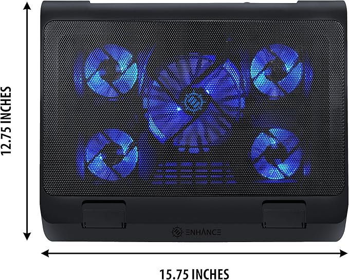 ENHANCE Gaming Laptop Cooling Pad Stand with LED Cooler Fans  Adjustable Height  &amp Dual USB Port for 17 inch Laptops - 5 Ultra Quiet High Performance Fans 2630 RPM &amp Built-In Bumpers - Blue
