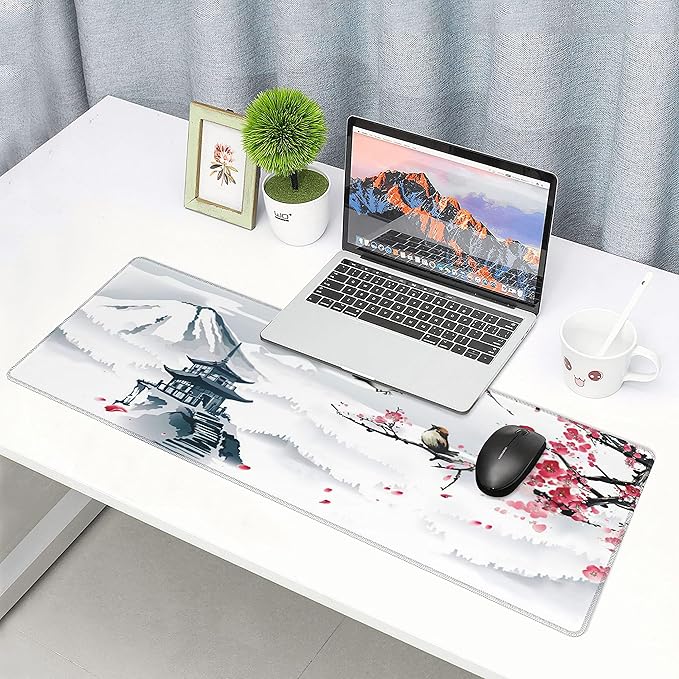 Japanese Pagoda Cherry Blossom Gaming Mouse Pad XL Birds Sakura Branch Mountain Extended Large Desk Cover Table Mat Non-Slip Rubber Base Stitched Edge Long Keyboard Playmat for Gamer31.5×11.8 in
