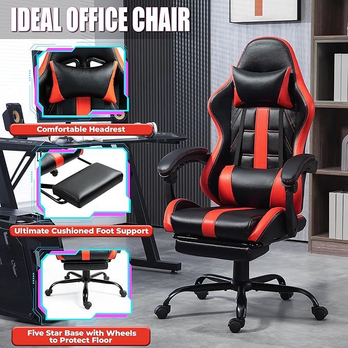 Massage Gaming Chair w/Footrest Ergonomic High Back PC Chair w/Headrest and Lumbar PU Swivel Home Desk Office Chair Red