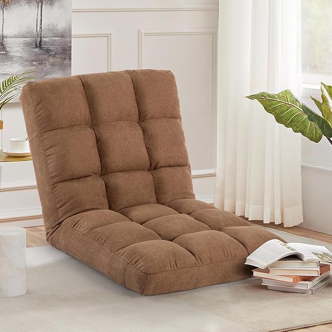 Floor Chair 24 inches Wide Oversized Velvet Armless Lay Flat Floor seat Padded Meditation Chair with 6 Adjustable Position Ergonomic Comfortable Convenient (Casual LRSF-006-TAN)
