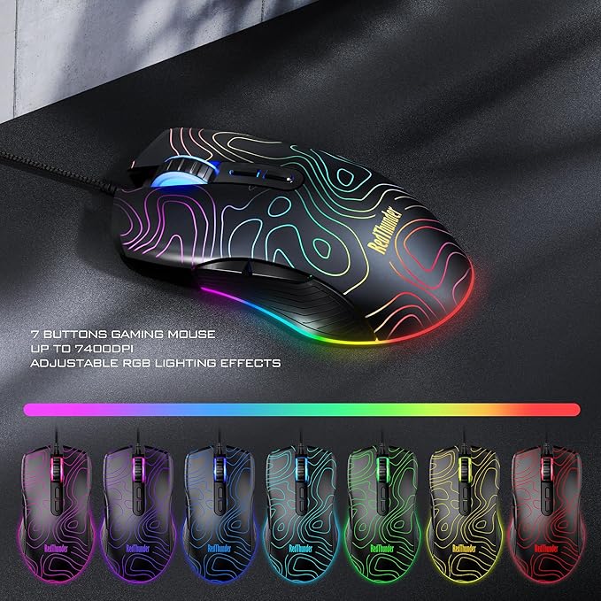 RedThunder K10 Wired Gaming Keyboard &amp Mouse Combo with Wrist Rest Adjustable RGB Mechanical Feel Anti-ghosting Keyboard + 7D 7200 DPI Mouse+Soft Leather Wrist Rest for PC Gamers (Black Lines)