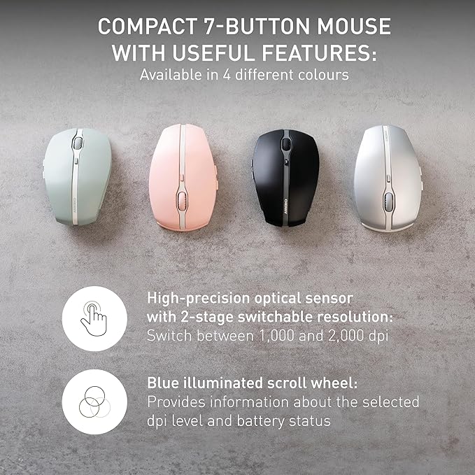 Cherry GENTIX BT Bluetooth Mouse - Optical - Wireless - Bluetooth - Black - 2000 dpi - Scroll Wheel - 7 Button(s) - Small/Large Hand/Palm Size - Symmetrical