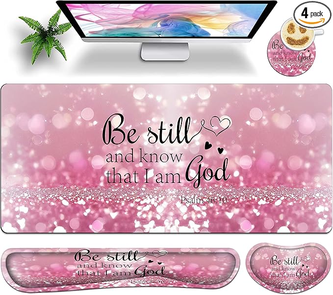 Large Gaming Mouse Pad Set 35.4 x 15.7 with Keyboard Wrist Rest Wrist Support and Coaster Memory Foam Smooth Desk Pad Mousepad for Home Office School - Christian Bible