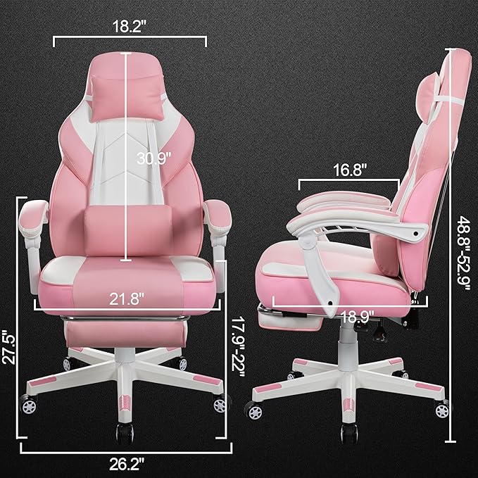 Vongrasig Ergonomic Gaming Chair for Adults PU Leather Office Seat with Head &amp Foot Rests (Pink)