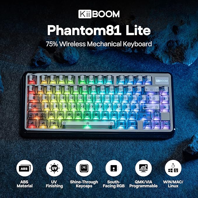 KiiBoom Phantom81 Lite 75% Gasket Mechanical Keyboard QMK&ampVIA Programmable 3 Modes Wireless Gaming Keyboard RGB Backlights ABS Case + UV Tech Hot-Swappable for Windows/Mac/Linux (Black)