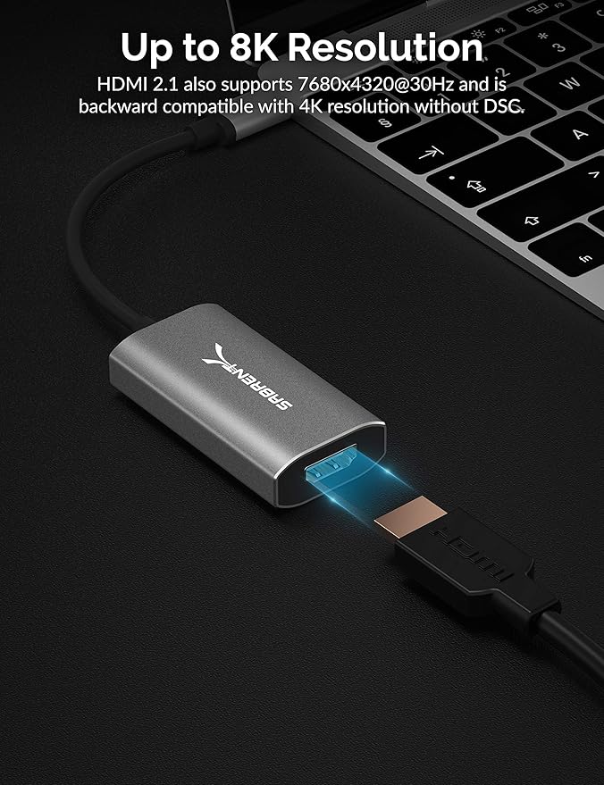 SABRENT USB Type C to HDMI 2.1 Adapter | 8K/60Hz &amp 4K/120Hz with DSC Function | 8K/30Hz &amp 4K Resolution Without DSC | Thunderbolt 3 Compatible (DA-UCH8)