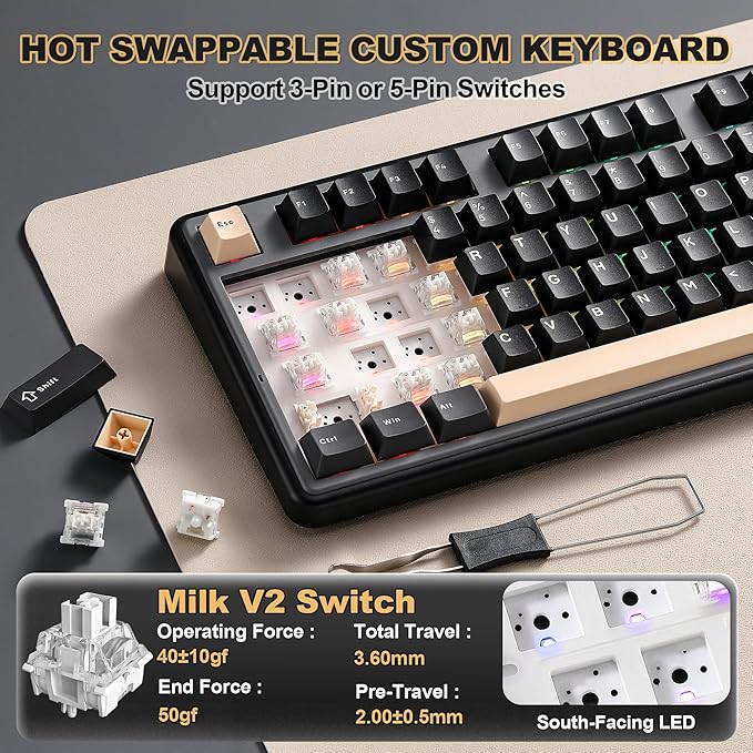YUNZII B98 PRO QMK/VIA Wireless Mechanical Gaming Keyboard 96% Layout with Numpad and Cute Cat Knob BT/2.4G/USB-C Pre-Lubed Switch Hot Swap Gasket RGB for Win/Mac (Black Milk V2 Linear Switch)