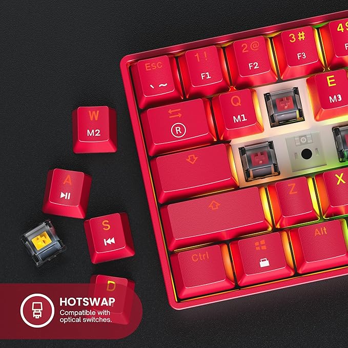 Mechanical Gaming Keyboard - 61 Keys Multi Color RGB Illuminated LED Backlit Wired Programmable for PC/Mac Gamer (Gateron Optical Yellow Red)