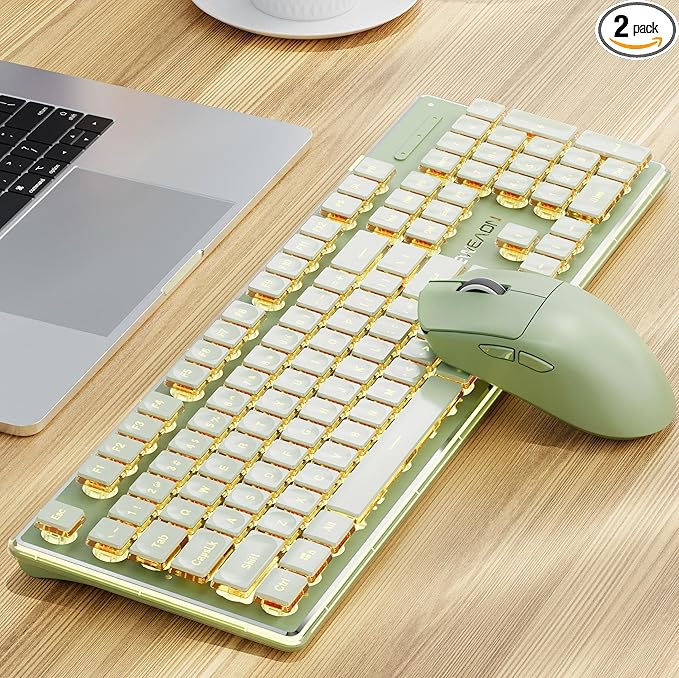 V3 Wireless Keyboard and Mouse Combo Bluetooth/2.4G Rechargeable Light up Quiet Computer Keyboard and Mouse with White Backlit Metal Panel Cute Keyboards-Green