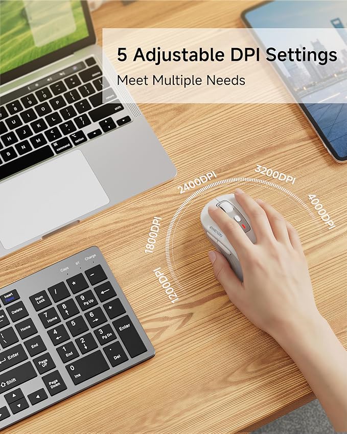 C1 Wireless Mouse for Laptop 2.4GHz and Bluetooth Silent Mouse for Small &amp Middle Hand 4000DPI Portable Ergonomic Rechargeable Mouse for PC iPad Mac Chromebook Office White