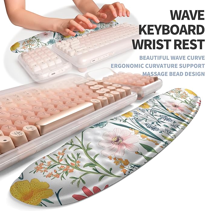 2-in-1 Ergonomic Set Wave Keyboard Wrist Rest and Massage Slope Mouse Pad Wrist Support Rebound Memory Foam for Relieve Carpal Tunnel Syndrome and Wrist Pain (Pink Flowers)