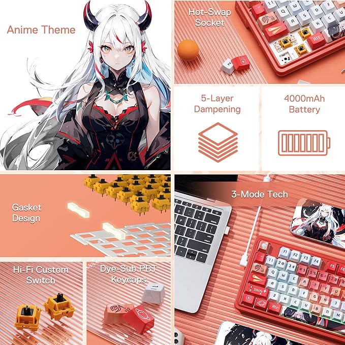 Redragon K673 PRO SE 75% 81 Keys Wireless Gasket RGB Gaming Keyboard 3-Mode Anime Mechanical Keyboard w/Hot-Swap Socket Dedicated Knob Control &amp 5-Layer Noise Dampening Custom Hi-Fi Linear Swit