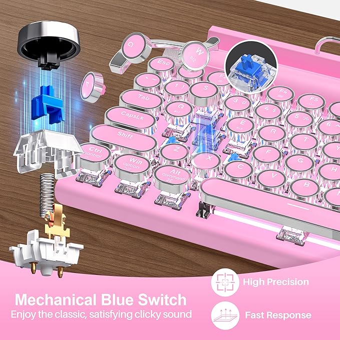 Retro Typewriter Wireless Mechanical Gaming Keyboard Bluetooth 5.0 Office Computer Vintage Keyboards 83-Key Blue Switches Punk Round Keycap LED Backlight Compatible with PC/Laptop/Pad/Phone Pink