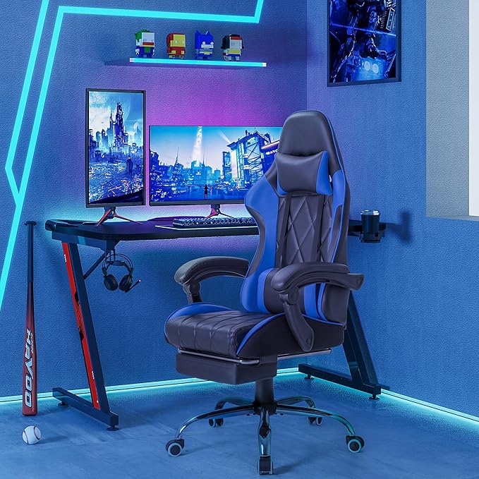 Homall Gaming Chair Computer Chair with Footrest and Massage Lumbar Support Ergonomic High Back Video Game Chair with Swivel Seat and Headrest (Blue)