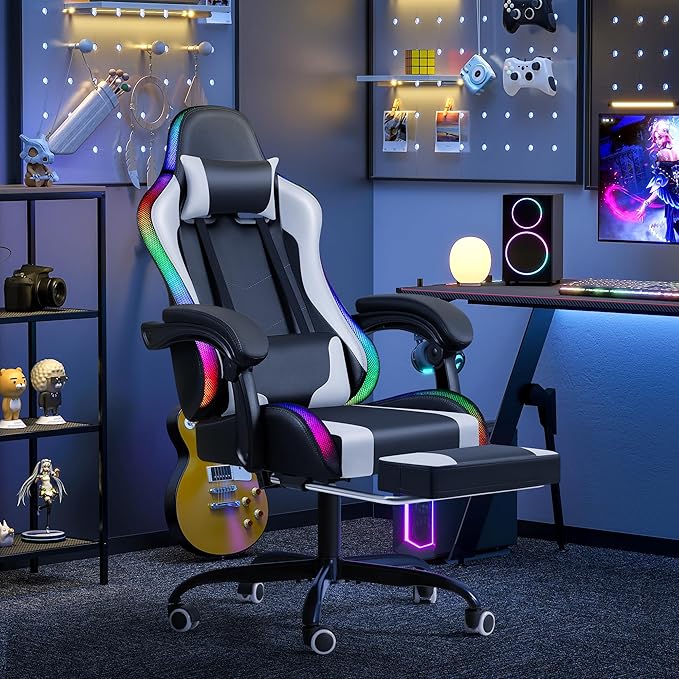 Furmax Gaming Chair with RGB LED Lights Video Game Chair with Footrest and Massage Lumbar Support High Back Reclining Computer Chair with Headrest Swivel Seat Gamer Chair (LED White)