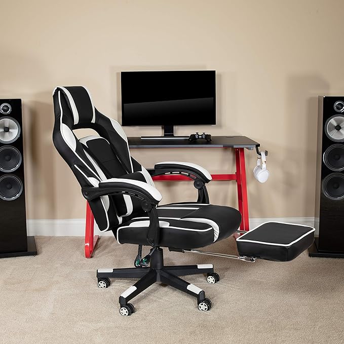 EMMA + OLIVER White Ergonomic Gaming Chair - Reclining Back/Arms Footrest Massaging Lumbar
