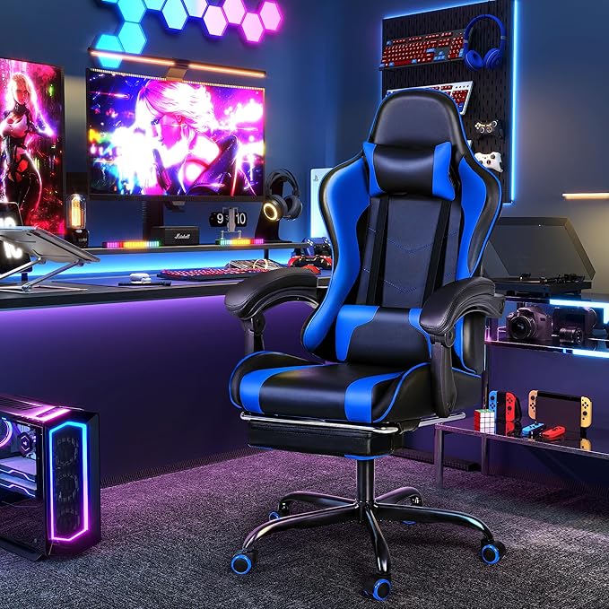 Furmax Gaming Chair Video Game Chair with Footrest and Massage Lumbar Support Swivel Seat Height Adjustable Computer Chair with Headrest Racing E-Sport Gamer Chair (Blue)