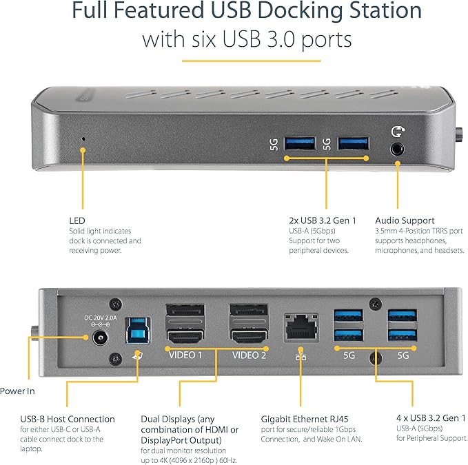 StarTech.com USB-C USB-A Dock - Hybrid Universal USB 3.0 Docking Station for USB-C or USB-A Laptop - Dual Monitor 4K 60Hz HDMI/DisplayPort - 6x USB-A GbE - USB 3.1/3.2 Gen 1 - Windows/Mac (DK30A2DHU)