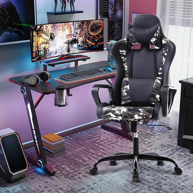 Gaming Chair High Back PU Leather Gaming Chairs Computer Chair with Armrest Headrest and Lumbar Support for Kids Teen Adults Men Women Height Adjustable Gamer Chair Computer Chairs for Adults