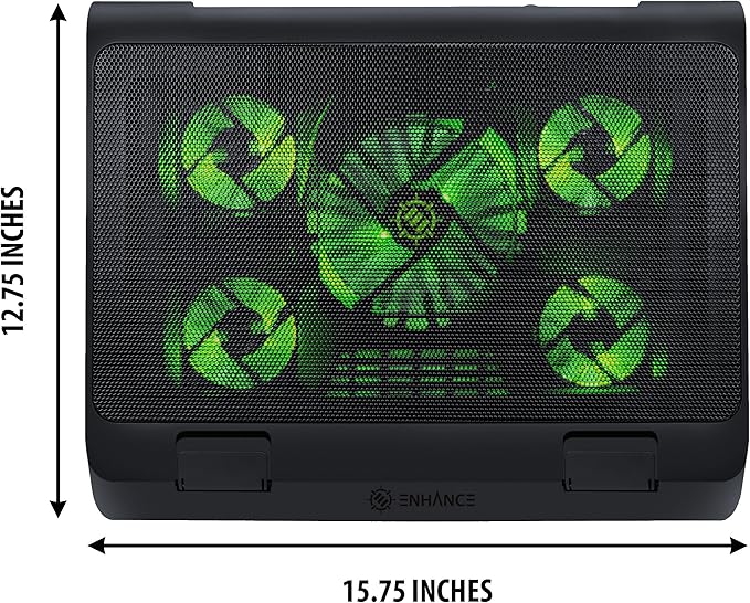 Enhance Gaming Laptop Cooling Pad Stand with LED Cooler Fans Adjustable Height &amp Dual USB Port for 17 inch Laptops - 5 Ultra Quiet High Performance Fans 2630 RPM &amp Built-in Bumpers - Green