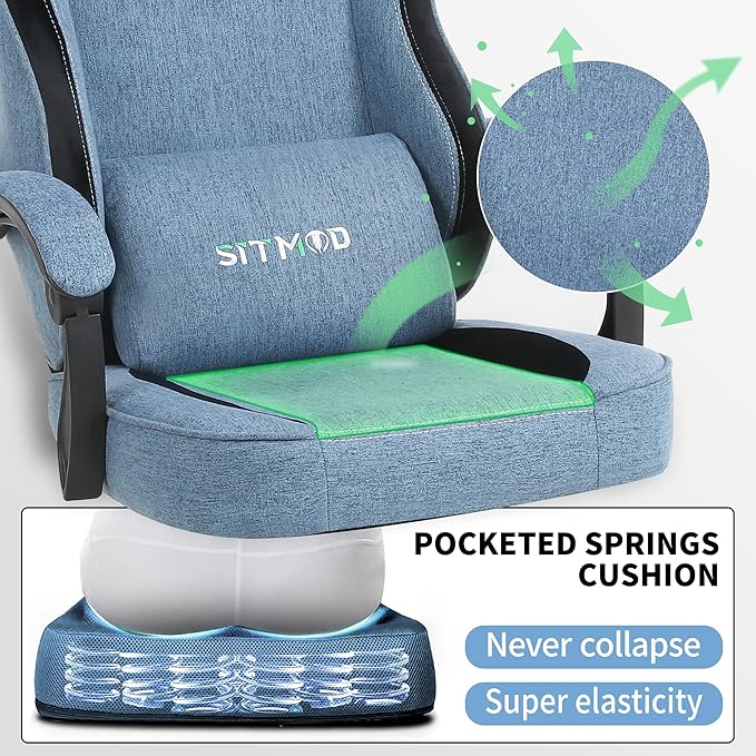 Gaming Chair Video Gaming Chairs for Adults Fabric Comfortable Computer Chair with Footrest Pocket Spring Cushion High Back Ergonomic Gamer Chair with 360° Swivel Seat for Office (Blue)