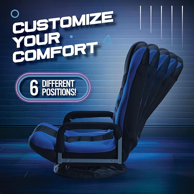 Swivel Floor Gaming Chair - Video Lounger Enjoy 6 Different Positions Adjustable Backrest Removable Arm Rests Folds to Store Stylish Blue with Black Center Stripe