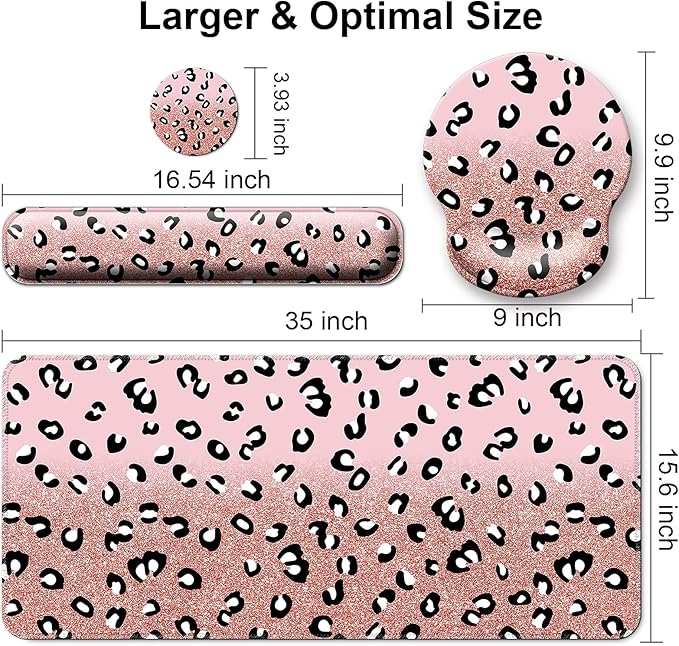 Mouse Pad + Desk Mat + Keyboard Wrist Rest + Coaster 4 in 1 Set Cute Ergonomic Large Gaming Mousepad with Wrist Rest Support Desk Pad for Computer Laptop Office Home Decor-Glittery Leopards